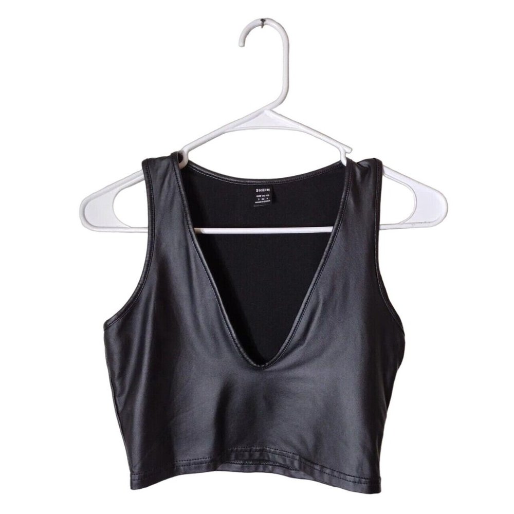 Shein Top Cropped Faux Leather Deep Vneck Sleeveless